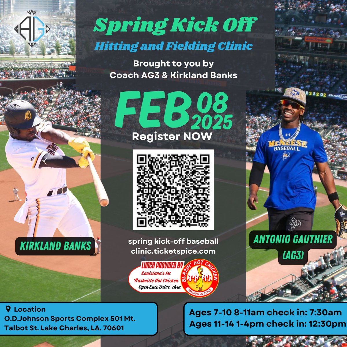 Spring Kickoff Hitting &amp; Fielding Clinic

📅 Save the Date: February 8th ⚾  

Get ready for the first camp of the 2025 season!

🔗 Sign up here: …kickoffbaseballclinic.ticketspice.com/spring-kickoff…

#AG3Training #BaseballCamp #SpringKickoff #2025 #baseballtraining #gameday
