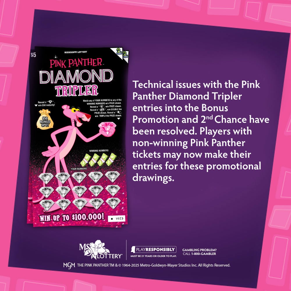 TheMSLottery's tweet image. Great news! The technical issue affecting entries into the Pink Panther Diamond Tripler bonus promotion has been resolved. 🎉 You can now submit your non-winning tickets as usual. Thank you for your patience💎🎟️ #PinkPanther #LotteryUpdate #AllFixed #havefunyall