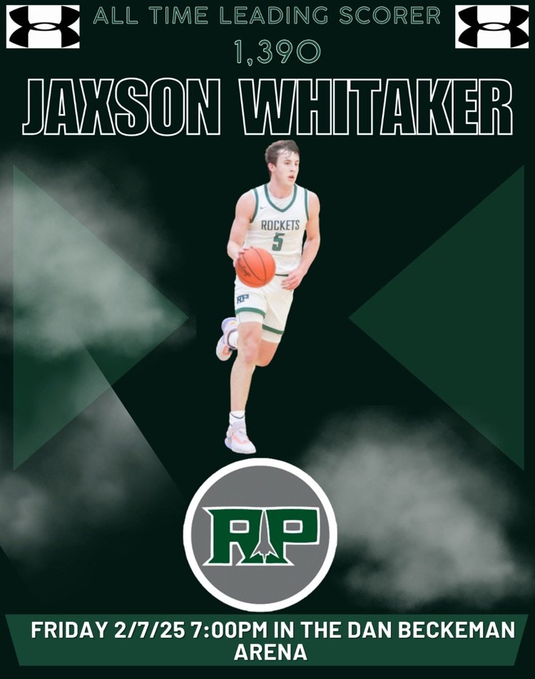 Rocket sports fans!  This Friday night, 2/7/25 we will be welcoming Jaxson Whitaker back on campus as we celebrate Jaxson as the all time leading scorer in Reeths-Puffer basketball history.  Celebration will take place between the varsity girls and boys games, roughly 7:00pm.