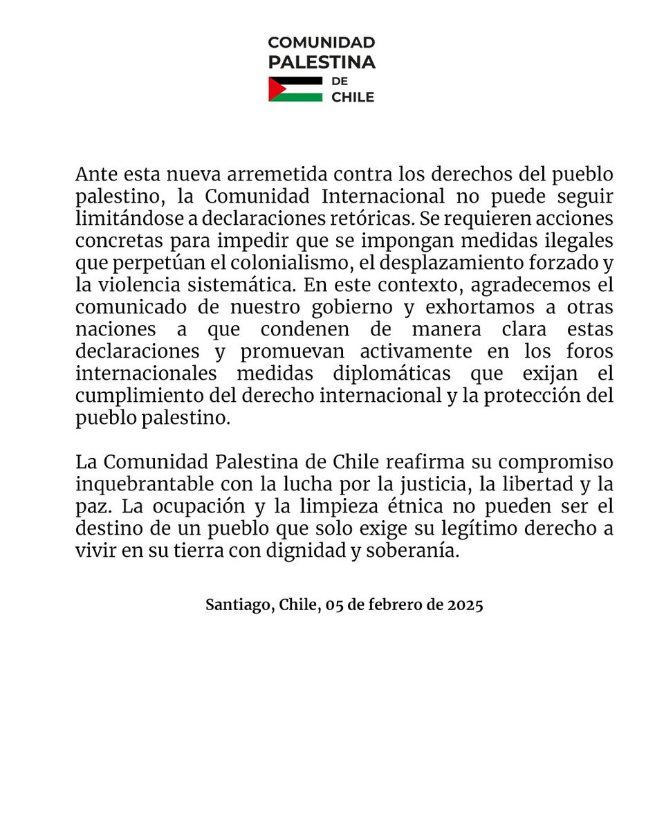 Declaración pública sobre los dichos del Presidente de Estados Unidos, Donald Trump.

#comunidadpalestina #gaza #franjadegaza #donaldtrump #palestina