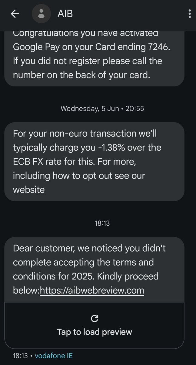 Jeff Chapman (@jeffchapman3) on Twitter photo FYI <a href="/AskAIB/">AIB Customer Support</a> just received this from the same ID that legit texts have come from. FYI <a href="/AskAIB/">AIB Customer Support</a> just received this from the same ID that legit texts have come from.