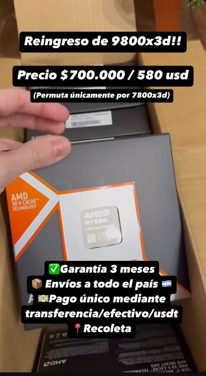 ⚠️RESTOCK RYZEN 7 9800x3d⚠️

👉 Lo mejor de AM5. +600 fps asegurados en CS/Valorant 🚀

Precio: $700.000 ars / 580 usd
(Permuta únicamente por 7800x3d)

Transferencia-efvo-usdt

📍Recoleta, San Isidro, Merlo
📦 Envíos a todo el país 🇦🇷
Garantía de 3 meses ✅

WPP: +541123981806