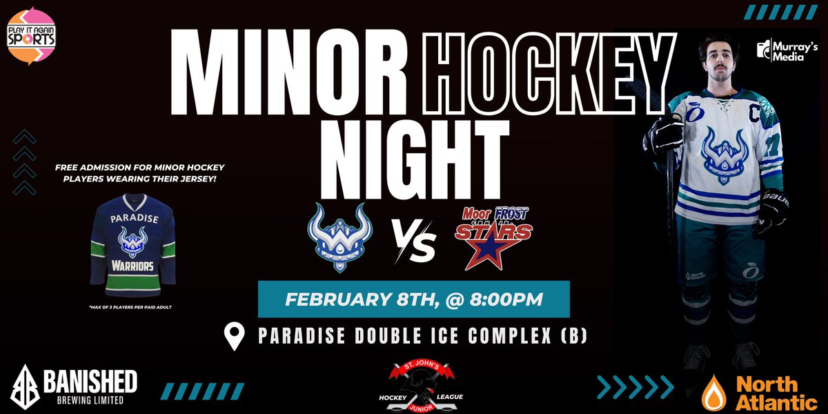 Minor Hockey Night‼️

For our game this Saturday against the <a href="/cbn_jrstars/">CBN Jr. Stars</a> we will be hosting a night for our minor hockey Warriors players!

Free admission for any minor hockey player wearing a jersey (Max of 3 players per paid adult).

#warriorshockey