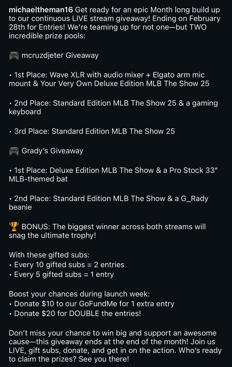 MikeD2061383's tweet photo. See photo below for GIVEAWAY DETAILS!!!
https://t.co/fz0DGj0McB & https://t.co/coDBEhHyrZ
#LiveStream #Giveaway #MLBTheShow25 #mcruzdjeterGiveaway #GradyGiveaway #LaunchWeek #SupportAndWin #mlbtheshow
#baseball #ps5 #xbox https://t.co/8VESYMgh4N