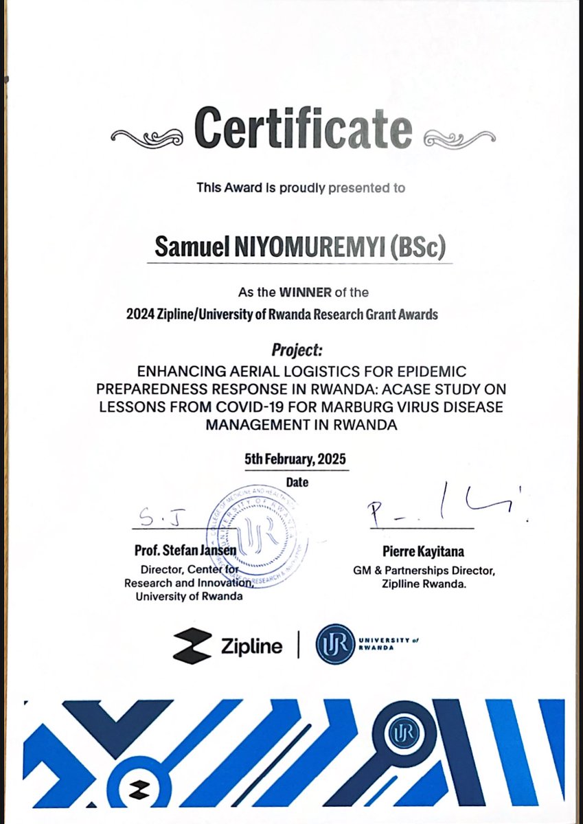SNiyomuremyi's tweet photo. I am incredibly honored to be selected as a winner of the 2024 Zipine/Univeristy pf Rwanda Research Grant award. Today, I had the privilege of receiving my certificate, marking a significant milestone in my journey to advance impactful research.
#Research #Innovation #Healthcare https://t.co/6Gm3SfjlUe