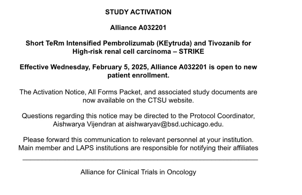 BradMcG04's tweet photo. STRIKE activated; download docs today! @ALLIANCE_org @theNCI   Can we prevent more recurrences with addition of 6 months of Tivozanib to 1 year of pembrolizumab in patients with resected high risk ccRCC?  @Daniel_J_George @DrRosenbergMSK @MattGalsky @DrChoueiri https://t.co/UqtrUYQdC2