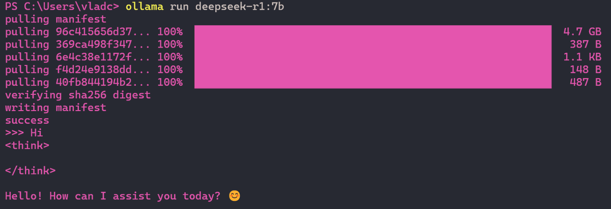 vlad0x's tweet photo. How easy its to  run #DeepSeek locally on Windows?

1. Download Ollama from https://t.co/rmcRLOPYtF
2. Install it
3. Run in the terminal: ollama run deepseek-r1
4.  Anytime you want to use it just run: ollama run deepseek-r1

Very Easy!
#AI #LLM #Technology #GenerativeAI #Ollama https://t.co/KYGQHFCqXG