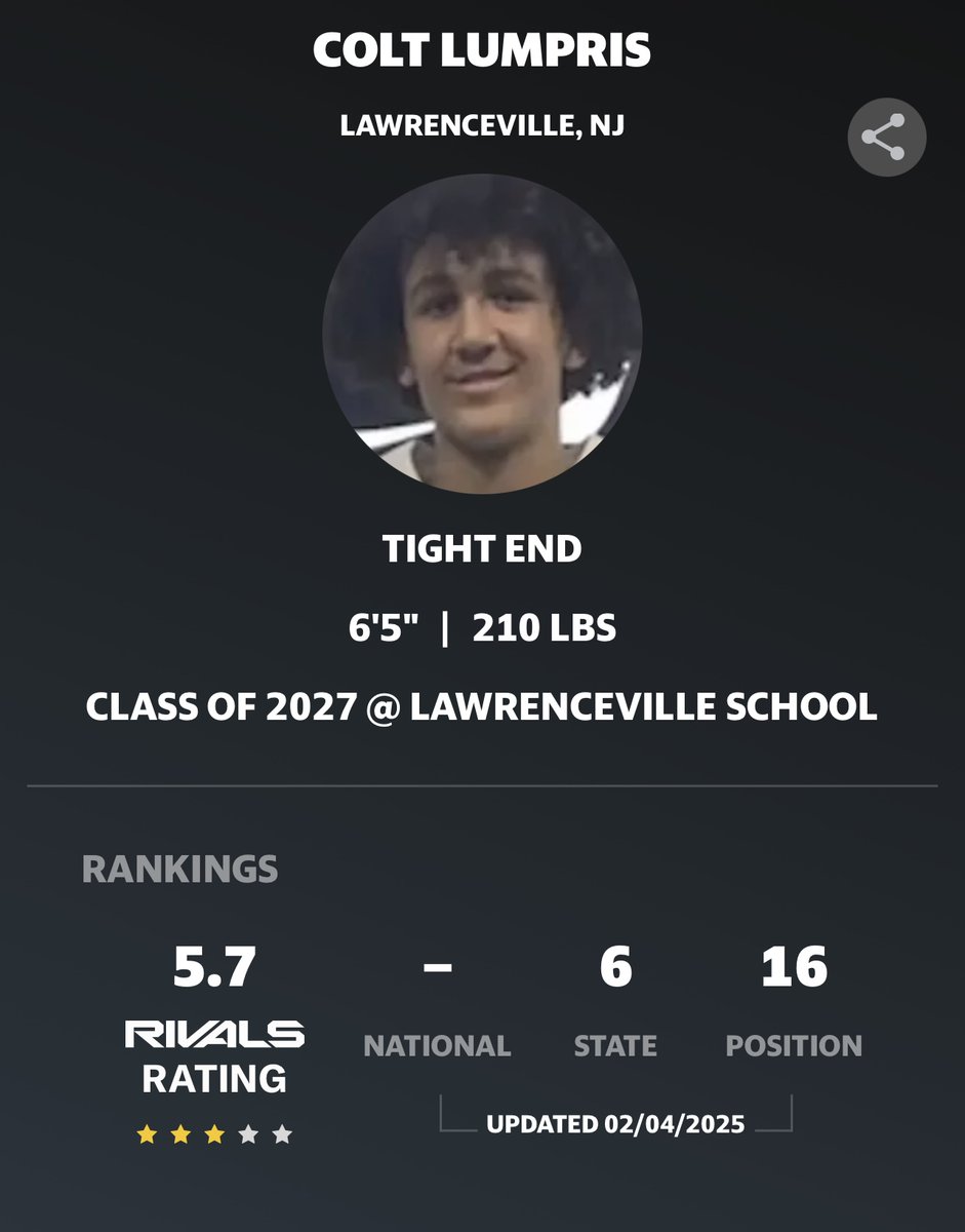 Colt Lumpris (@coltlumpris) on Twitter photo Blessed to be considered #6 player in NJ #16 TE in the Nation🙏 This is just the beginning, still building <a href="/CoachPoeWins/">Napoleon Sykes Jr.</a> <a href="/Rivals/">Rivals</a> <a href="/On3Recruits/">On3 Recruits</a> <a href="/247recruiting/">247Sports Recruiting</a> <a href="/PrepRedzoneNJ/">Prep Redzone New Jersey</a> Blessed to be considered #6 player in NJ #16 TE in the Nation🙏 This is just the beginning, still building <a href="/CoachPoeWins/">Napoleon Sykes Jr.</a> <a href="/Rivals/">Rivals</a> <a href="/On3Recruits/">On3 Recruits</a> <a href="/247recruiting/">247Sports Recruiting</a> <a href="/PrepRedzoneNJ/">Prep Redzone New Jersey</a>
