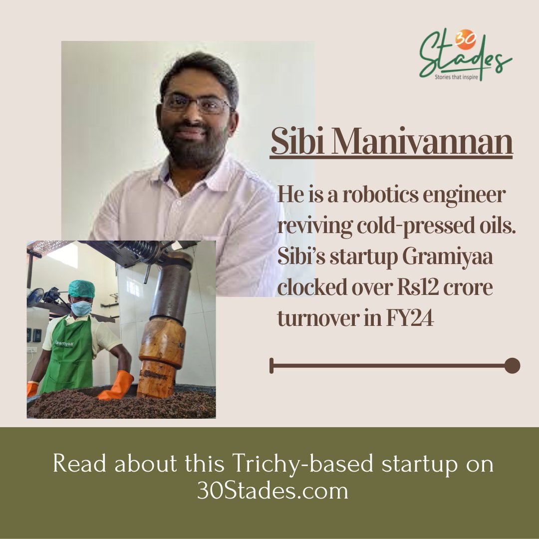 30stades's tweet image. Sibi Manivannan’s cold-pressed oils startup Gramiyaa has reached Rs12-crore turnover in just five years. He shares how his traditional stone mills have brought back local oil-makers to the profession:

30stades.com/enterprise/how…
#coldpressed #food #coldpressedoils #oils #traditional