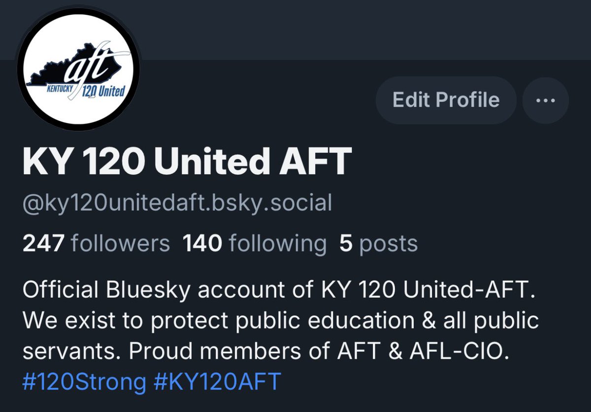 KY 120 United-AFT (@120strong) on Twitter photo KY 120 United AFT has begun our transition from Twitter (its real name) to Bluesky. Beginning March 1st, 2025, we will use that platform instead of this one. Please join us there. <a href="/AFTunion/">AFT</a> <a href="/AFLCIO/">AFL-CIO ✊</a> <a href="/rweingarten/">Randi Weingarten 🇺🇸❌👑💪🏿👩🎓🟣🇺🇦</a> <a href="/LizShuler/">Liz Shuler</a> <a href="/aflcioky/">Kentucky AFL-CIO</a> KY 120 United AFT has begun our transition from Twitter (its real name) to Bluesky. Beginning March 1st, 2025, we will use that platform instead of this one. Please join us there. <a href="/AFTunion/">AFT</a> <a href="/AFLCIO/">AFL-CIO ✊</a> <a href="/rweingarten/">Randi Weingarten 🇺🇸❌👑💪🏿👩🎓🟣🇺🇦</a> <a href="/LizShuler/">Liz Shuler</a> <a href="/aflcioky/">Kentucky AFL-CIO</a>
