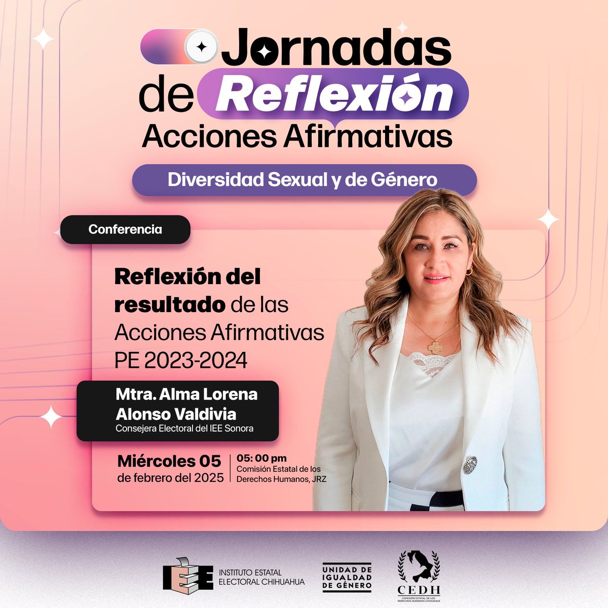 IEESonora's tweet photo. Como parte de las jornadas de reflexión de acciones afirmativas, el Instituto Estatal Electoral de Chihuahua @IEEChihuahua realizará una serie de conferencias el día de hoy a las 5:00 pm, en el que la consejera electoral, Mtra. Alma Lorena Alonso @almaalonso19 impartirá el tema: “Reflexión del resultado de las Acciones Afirmativas PE 2023-2024”, en el auditorio de la Comision Estatal de los Derechos Humanos, con sede en Ciudad Juárez. ¡No te lo pierdas! 

#JornadasDeReflexión #AccionesAfirmativas 🏳️‍🌈