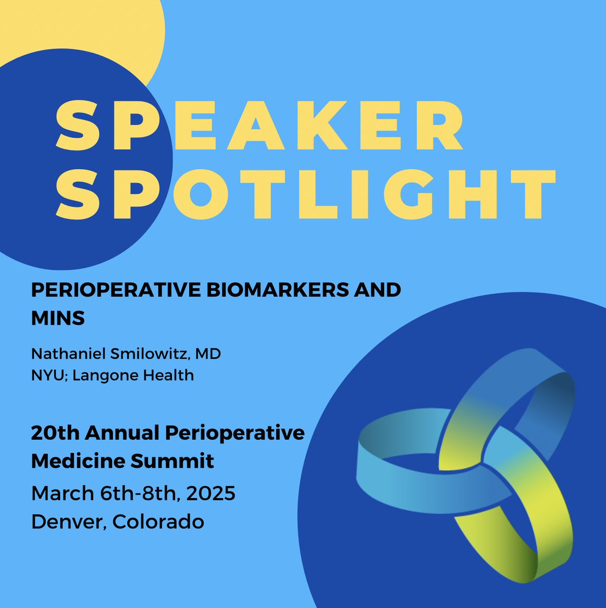 #SpeakerSpotlight for the 20th Perioperative Medicine Summit!

"Preoperative Cardiac Testing--What the Non-cardiologist Needs to Know in 2025" will be given by Dr. Nathaniel Smilowitz from NYU Langone

#periop2025
spaqi.org/2025/