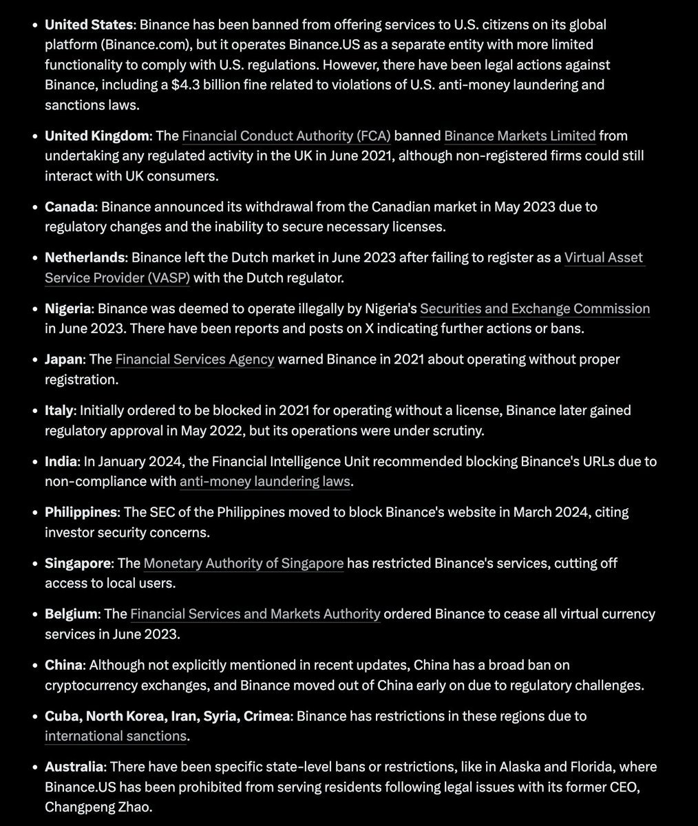 Where has #Binance been banned or threatened for non complience?