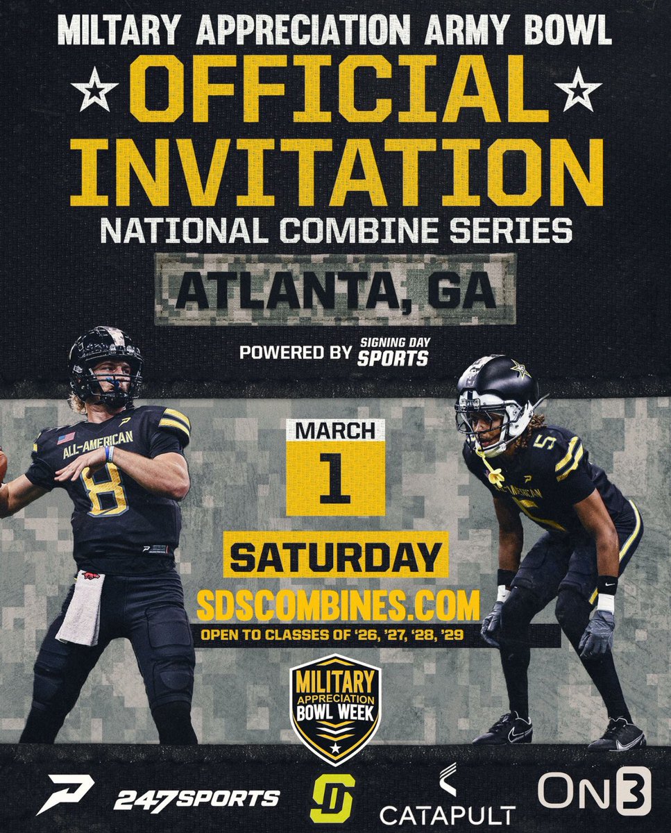 Brenden Tate ( C/O 26) (@brenden_tate3) on Twitter photo Blessed to receive an invite to the military appreciation army bowl combine!
<a href="/JJKilgore_SDS/">JJ Kilgore</a> <a href="/US_ArmyBowl_GS/">Military Appreciation Bowl Games</a> Blessed to receive an invite to the military appreciation army bowl combine!
<a href="/JJKilgore_SDS/">JJ Kilgore</a> <a href="/US_ArmyBowl_GS/">Military Appreciation Bowl Games</a>