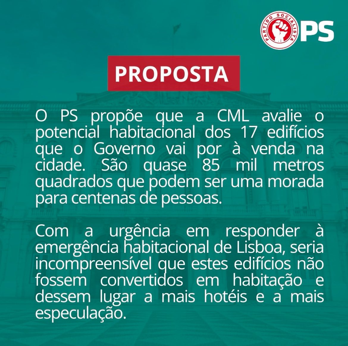 Em vez de termos mais hotéis, <a href="/Moedas/">Carlos Moedas</a> podia aproveitar a oportunidade para adquirir imóveis que Estado vai vender para reconverter em habitação

🏠 <a href="/F__Medina/">Fernando Medina</a> comprou os prédios da Segurança Social (Av Rep., EUA,Campo Grande) disponibilizando centenas de casas a custo acessíveis