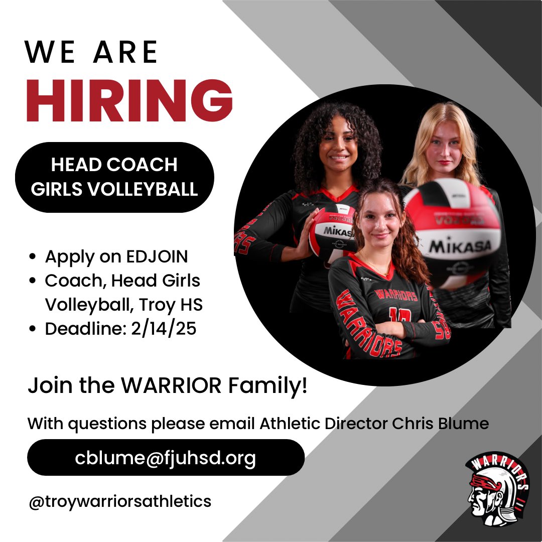 Troy Athletics (@troyhsathletics) on Twitter photo Troy High School is hiring a Head Girls Volleyball coach! If you’re interested in joining the Warrior Family, please apply on Edjoin. With questions, please reach out to Athletic Director Chris Blume .
<a href="/CIFSS/">CIF Southern Section</a> <a href="/OCRegSports/">OC Register Sports</a> <a href="/ocvarsityguy/">Dan Albano</a> <a href="/SteveFryer/">Steve Fryer</a> <a href="/TroyHSWarriors/">TroyHSWarriors</a> <a href="/fjuhsd/">Fullerton Joint Union High School District</a> Troy High School is hiring a Head Girls Volleyball coach! If you’re interested in joining the Warrior Family, please apply on Edjoin. With questions, please reach out to Athletic Director Chris Blume .
<a href="/CIFSS/">CIF Southern Section</a> <a href="/OCRegSports/">OC Register Sports</a> <a href="/ocvarsityguy/">Dan Albano</a> <a href="/SteveFryer/">Steve Fryer</a> <a href="/TroyHSWarriors/">TroyHSWarriors</a> <a href="/fjuhsd/">Fullerton Joint Union High School District</a>