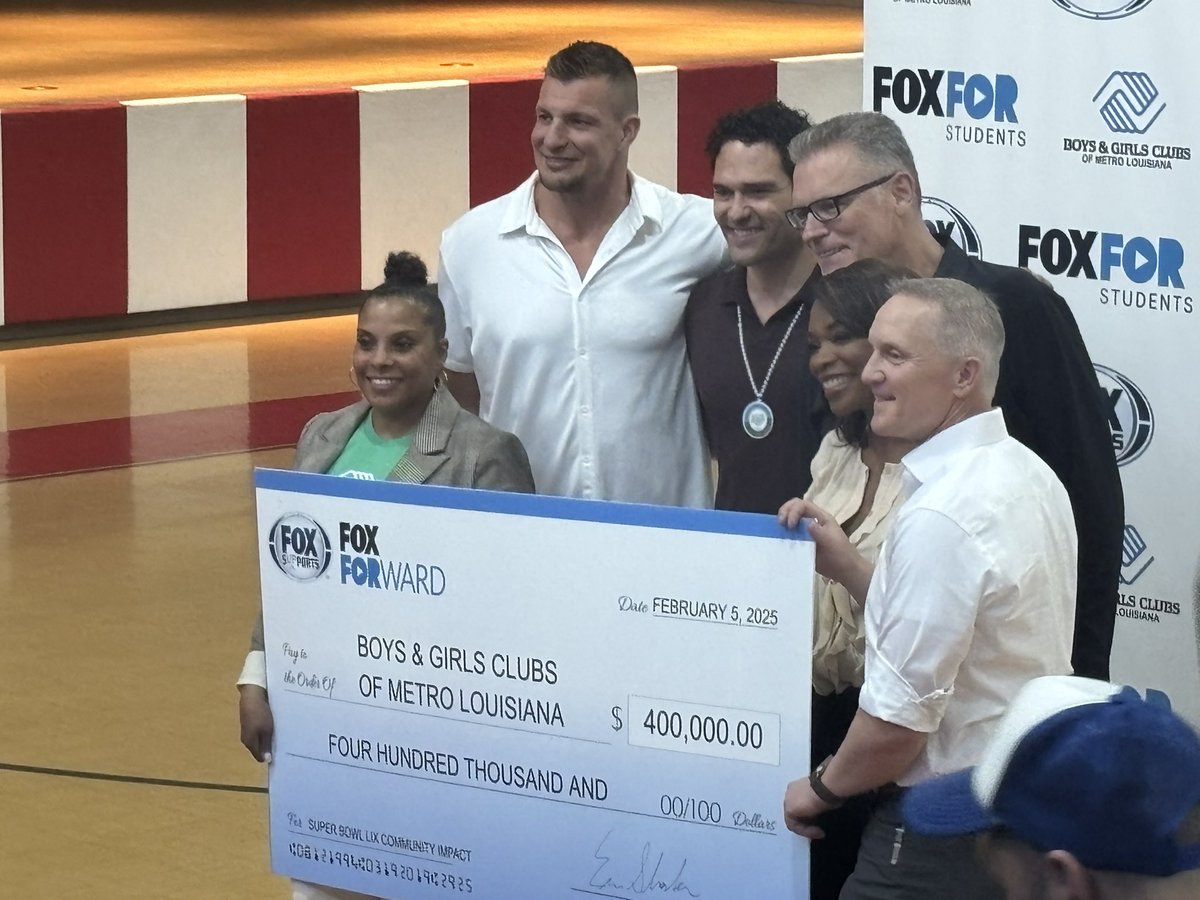 Greg Auman (@gregauman) on Twitter photo Great moment as <a href="/FOXSports/">FOX Sports</a> CEO Eric Shanks and the <a href="/NFLonFOX/">FOX Sports: NFL</a> crew present a check for $400,000 to help 10 Boys and Girls Clubs in <a href="/BGCMetroLA/">Boys & Girls Clubs of Metro Louisiana</a> with new tech rooms and upgraded wireless. Great moment as <a href="/FOXSports/">FOX Sports</a> CEO Eric Shanks and the <a href="/NFLonFOX/">FOX Sports: NFL</a> crew present a check for $400,000 to help 10 Boys and Girls Clubs in <a href="/BGCMetroLA/">Boys & Girls Clubs of Metro Louisiana</a> with new tech rooms and upgraded wireless.