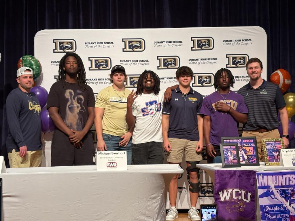 Claybo Varnum (@claybocoach) on Twitter photo So proud of our 5 guys who signed today. Sky is the limit for these young men. Keep making me proud boys! <a href="/ColeCastle1/">Cole Castle</a> <a href="/jay_cornelius6/">Jayden Cornelius</a> <a href="/MichaelRyan1_/">Michael Ryan</a> <a href="/Emanlee02/">Emmanuel Lee</a> <a href="/Mikeeverhart19/">Michael Everhart</a> <a href="/DOORANTFOOTBALL/">Durant Football</a> #CougarsForever So proud of our 5 guys who signed today. Sky is the limit for these young men. Keep making me proud boys! <a href="/ColeCastle1/">Cole Castle</a> <a href="/jay_cornelius6/">Jayden Cornelius</a> <a href="/MichaelRyan1_/">Michael Ryan</a> <a href="/Emanlee02/">Emmanuel Lee</a> <a href="/Mikeeverhart19/">Michael Everhart</a> <a href="/DOORANTFOOTBALL/">Durant Football</a> #CougarsForever