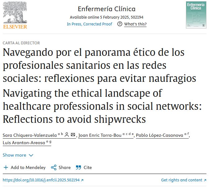 Publicada en Enf. Clínica, carta: "Navegando por el panorama ético de los profesionales sanitarios en las redes sociales, reflexiones para evitar naufragios". Descarga gratuita 50 días: authors.elsevier.com/c/1kZ93418DRG2… 
 Esperamos que os guste y que nos haga reflexionar un poco a todos...