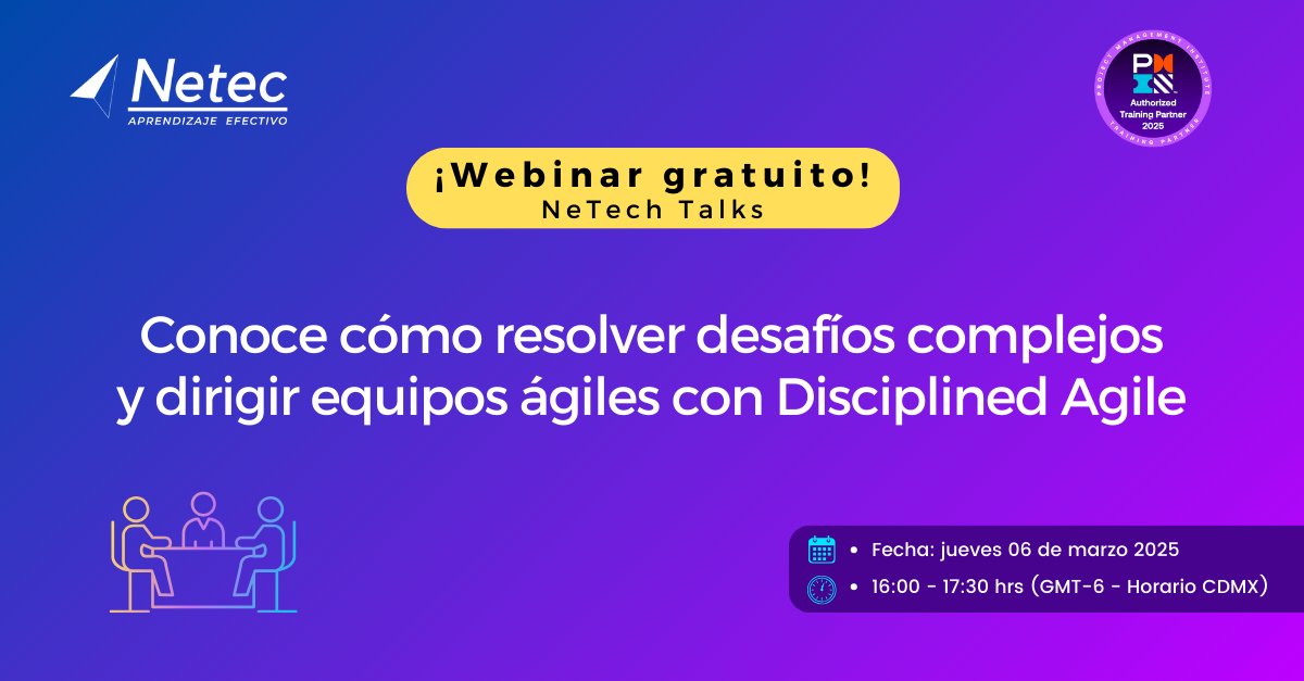 netec's tweet image. Te invitamos a ti y a tu equipo a nuestro próximo webinar sin costo.💻
Regístrense y conozcan cómo resolver desafíos complejos y dirigir equipos ágiles utilizando la metodología descrita por el PMI🏆 ☁  📲 hubs.la/Q035wjNP0 

#NeTechTalks #AprendizajeEfectivo #capacitación