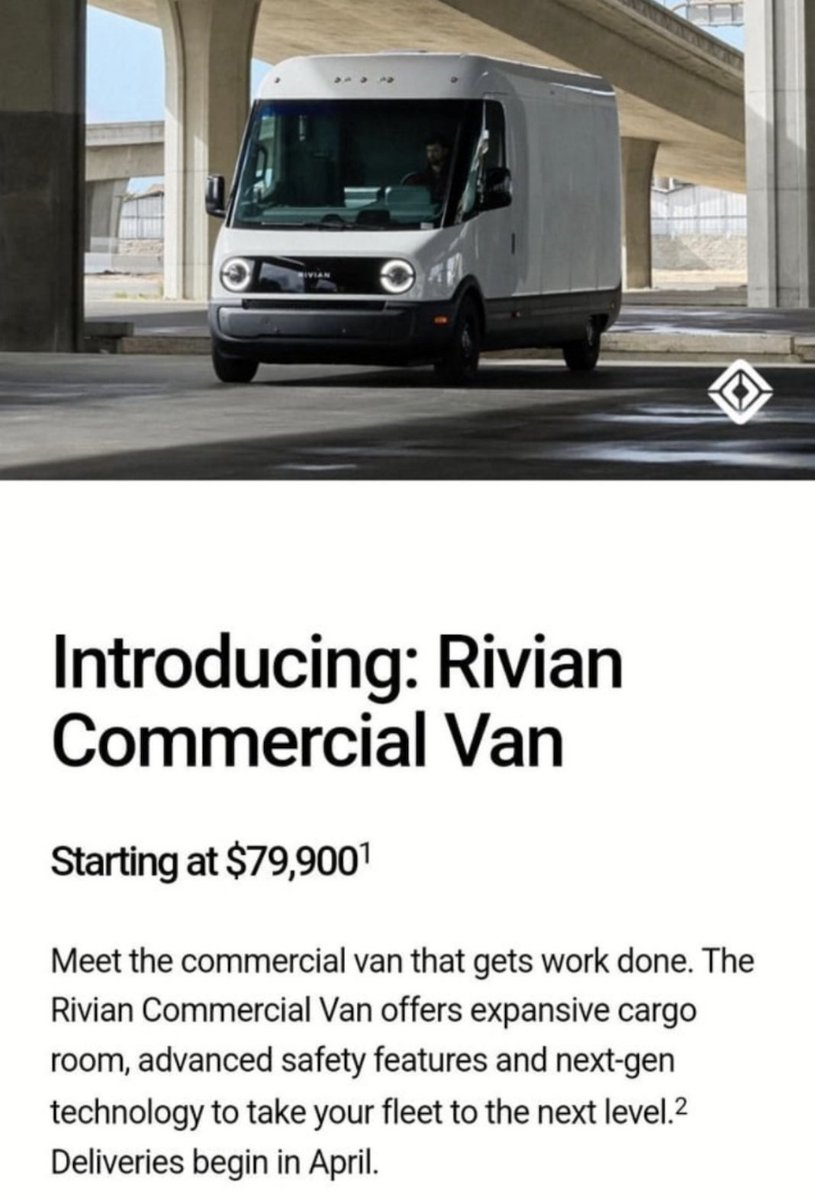 SawyerMerritt's tweet photo. NEWS: Rivian has introduced their all-electric commercial van.

• Starting price: $79,990
• Deliveries begin in April
• Two variants: 500 Series & 700 Series
• $80k 500 Series has a 100 kWh LFP battery and gets 161 miles of EPA range. 100kW DC charging
• 700 Series gets 160 miles of EPA range
• FWD single-motor
• Two length options: 248" (500) and 278" (700)
• 320 HP
• Curb weight: 6,837 lbs for 500 Series & 7,242 lbs for 700 Series