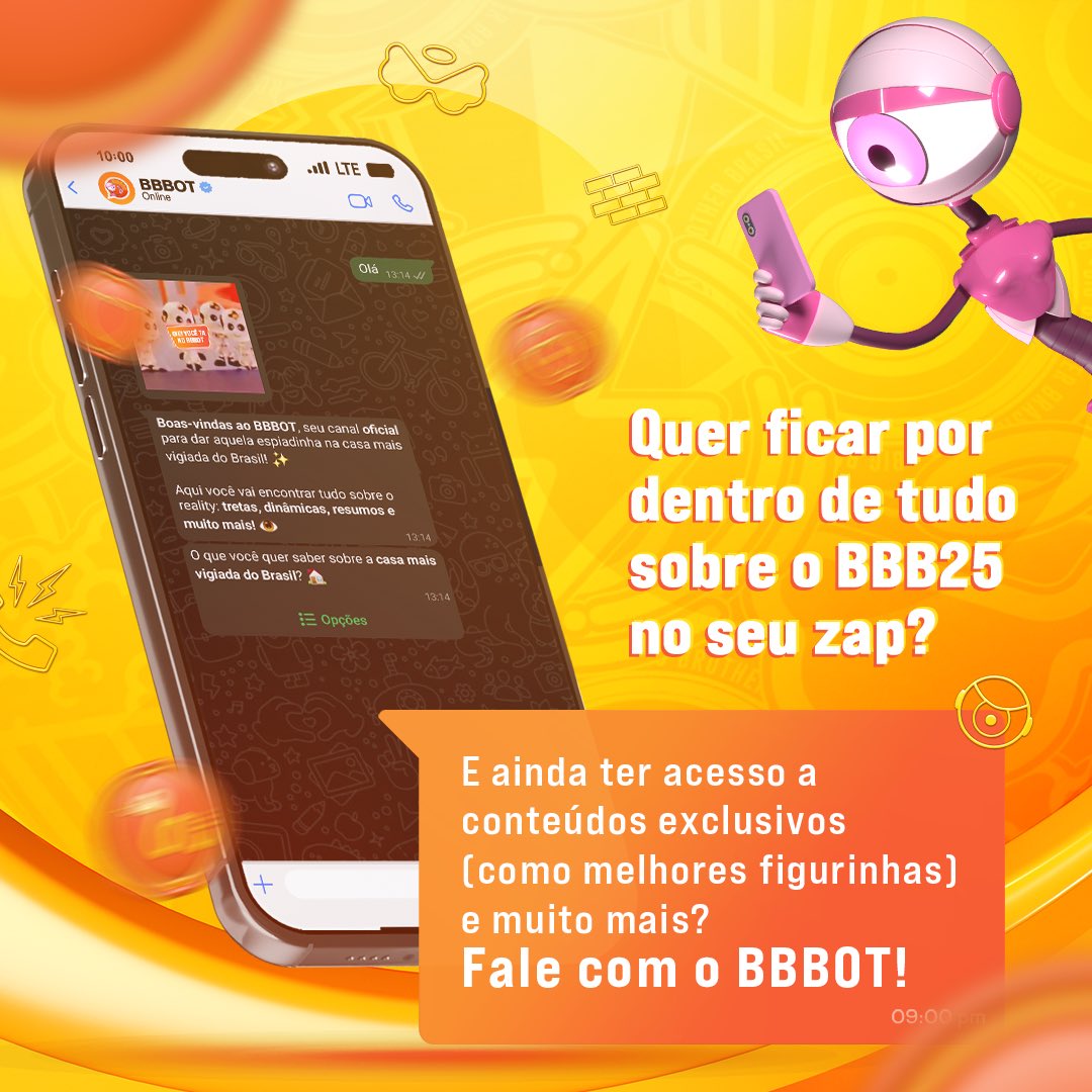 tvglobo's tweet image. Quer ficar por dentro de tudo sobre o #BBB25? O #BBBOT tá na palma da sua mão e te conta tudinho! Vem dar um oi ➡️ glo.bo/ogmzva2 #RedeBBB