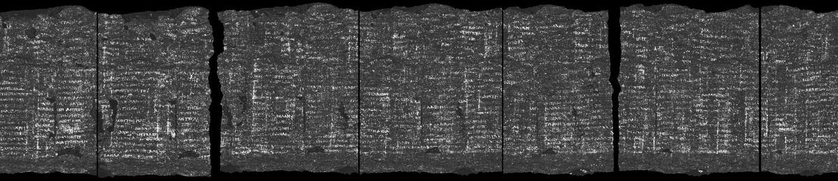 Nat Friedman (@natfriedman) on Twitter photo We found some words in Scroll 5, which is from the Bodleian Library collection of Herculaneum papyri. Still work to do to prevent our segmentation algorithm from jumping between adjacent sheets so we can get whole sentences and paragraphs out of this scroll, but this is very We found some words in Scroll 5, which is from the Bodleian Library collection of Herculaneum papyri. Still work to do to prevent our segmentation algorithm from jumping between adjacent sheets so we can get whole sentences and paragraphs out of this scroll, but this is very