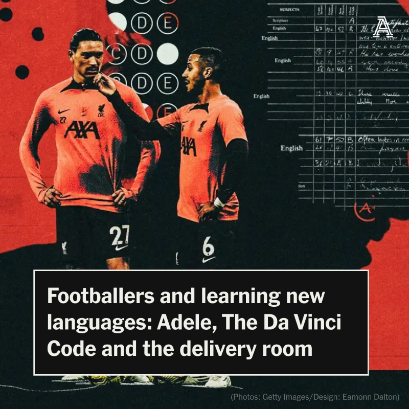 TheAthleticFC's tweet photo. Forget Duolingo, language lessons start with football terminology and nicknames.

Then there's Pochettino, who listened to Adele to learn English.

One international needed his tutor in the delivery room.

@stujames75 and @jwhitey98 on learning new languages in football.