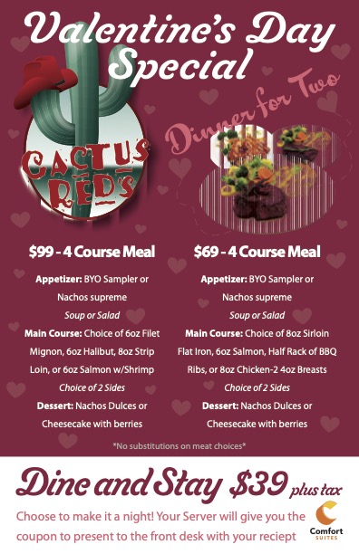 🥰 It's time to make your Valentine's Day plans! 

Treat your sweetie to a 4-course dinner at <a href="/CactusRedsOgden/">CactusRedsOgden</a> this Valentine's Day and stay the night at our hotel for just $39 plus tax!

This special is good February 14-15, 2025 only!