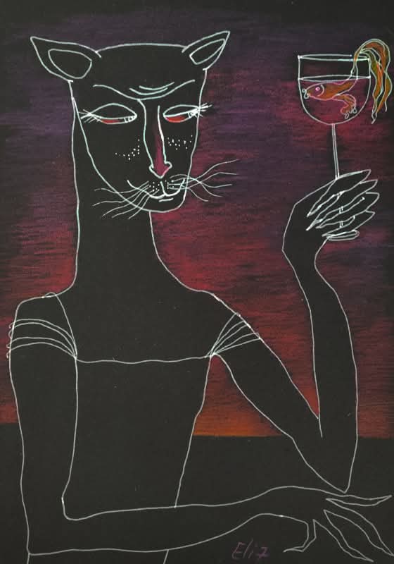 LANGUID EVENING 
Elisheva Nesis, Nocturnes, paper/acrylic, pencils, 33 cm x 23 cm <a href="/artfinder/">Artfinder</a>

artfinder.com/product/langui…

#cat #wine #fish #elishevanesis #relax #artwork #artlovers #winelover