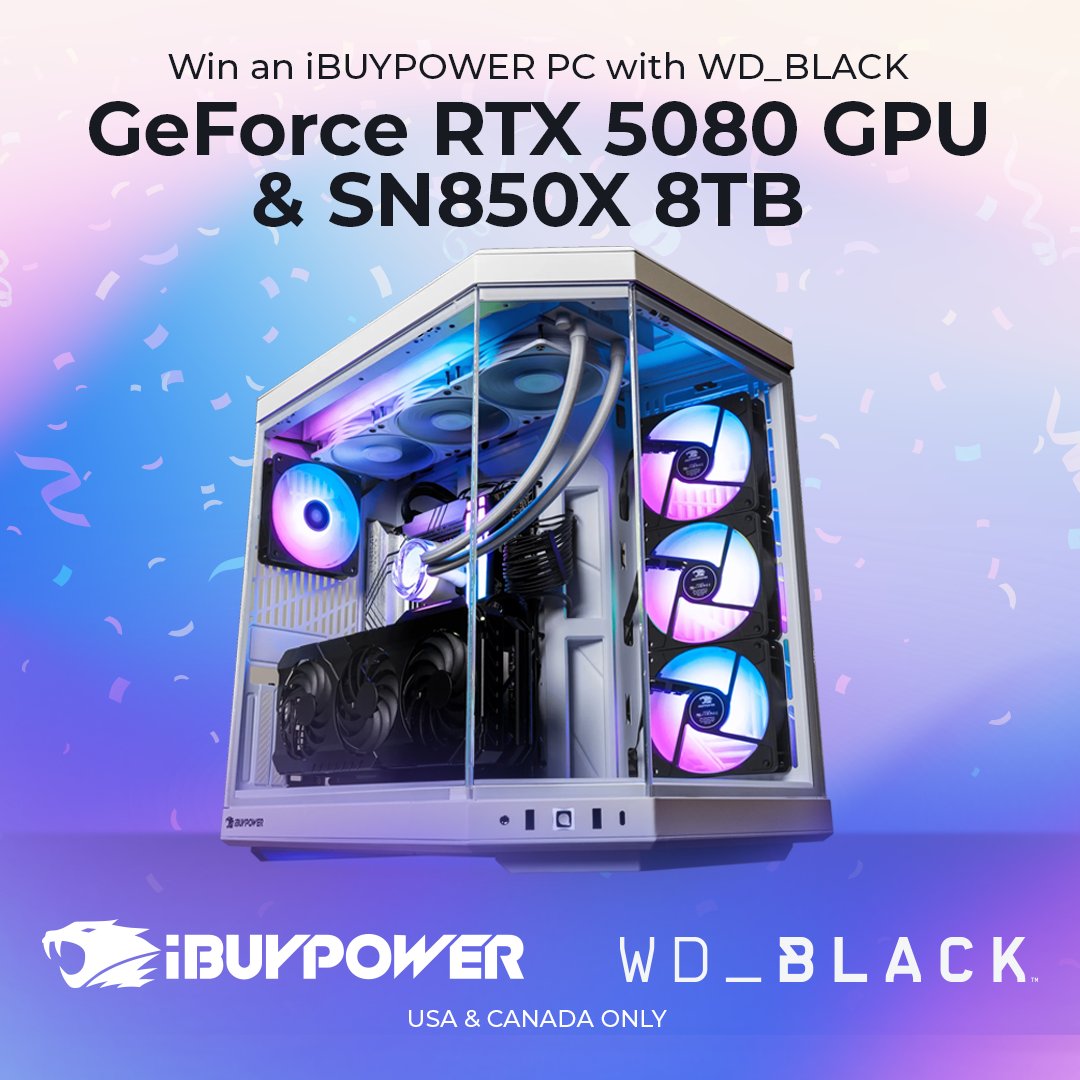 iBUYPOWER's tweet image. Couldn’t get your hands on the new 50 series? Here’s your chance!

We’ve partnered up with @WD_BLACK to give a lucky winner their very own gaming PC equipped with the newest tech in town, featuring:
★ WD_BLACK Heatsink SN850X 8TB
★ RTX 5080 GPU
★ HYTE Y70 White

Enter now for…