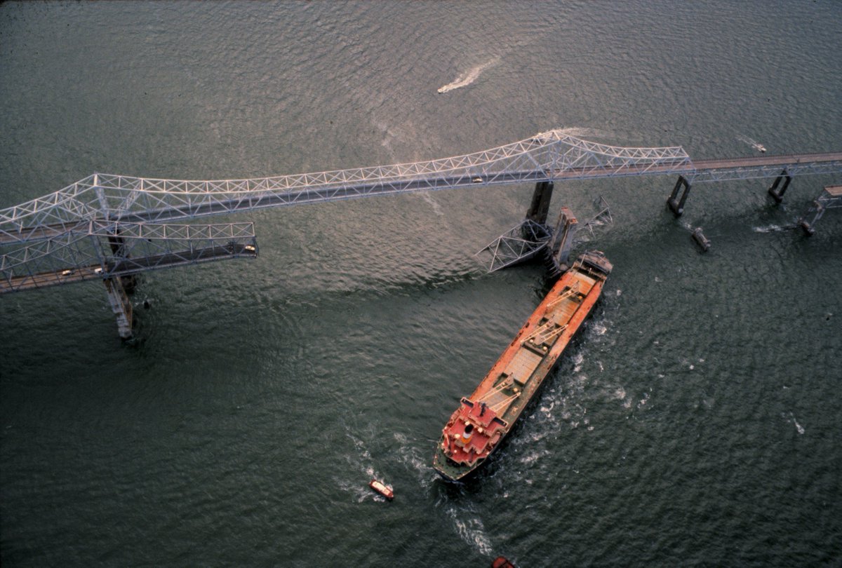 BlindIndex's tweet image. a 1976 Buick Skylark owned by Florida resident Richard Hornbuckle came to a stop just 14 inches from the edge of the Sunshine Skyway Bridge after a freighter struck the structure on May 9, 1980

the collision caused a massive section of the bridge to collapse, sending six cars, a…