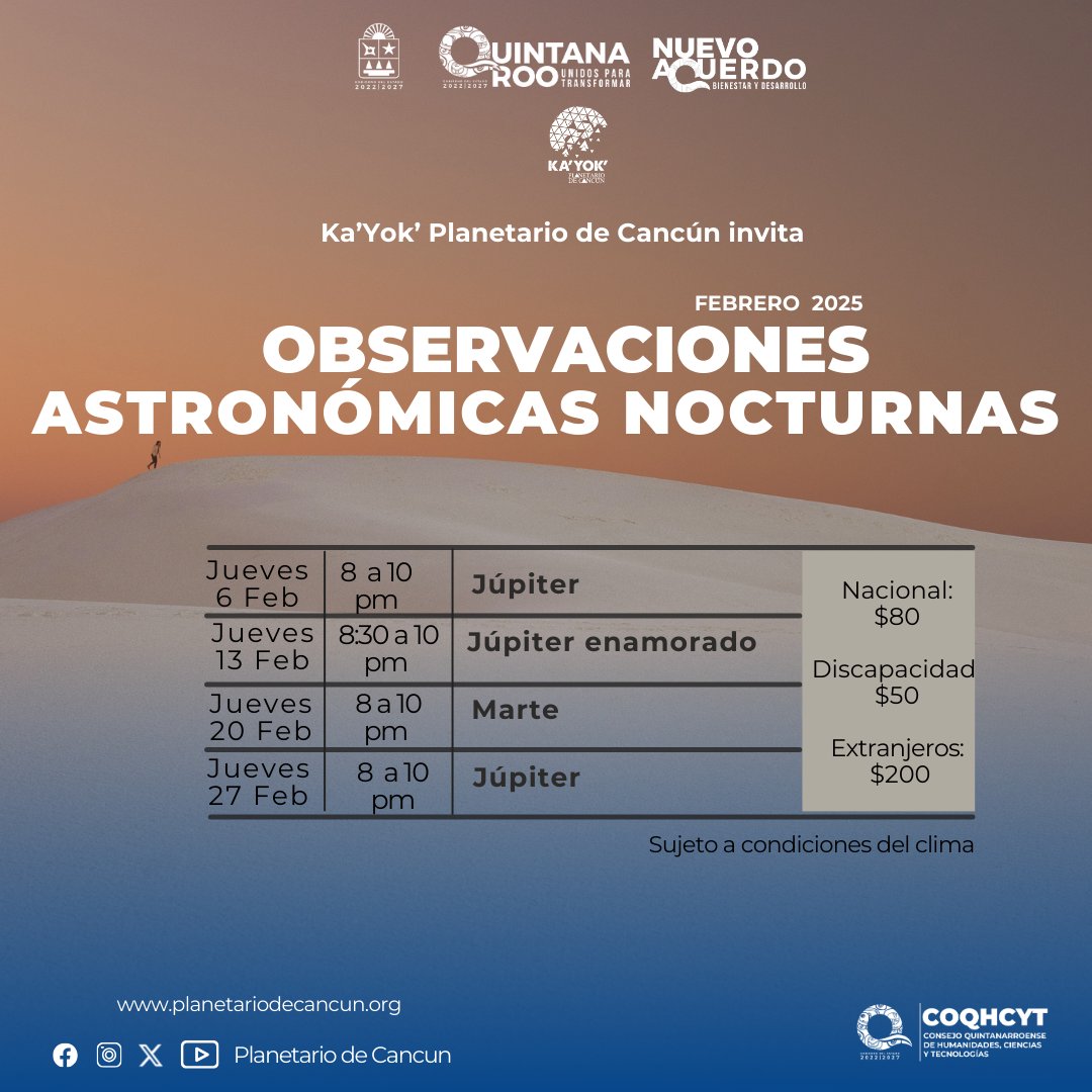 Ka'Yok' Planetario de Cancún (@planetariocun) on Twitter photo #ObservacionesAstronómicas
En febrero apuntamos nuestro telescopio principal a Júpiter y Marte. Ya sabes, las noches de jueves nos vemos en Ka'Yok'.
Más actividades:
planetariodecancun.org/febrero2025
<a href="/VivoEnCancun/">Vivo en Cancún 🏖️</a> <a href="/DonLimon/">J Pablo Torres Limón</a> <a href="/PorqueAmoCancun/">🏝 Porque yo amo a Cancún y sus alrededores 🏝</a> <a href="/DonLimon/">J Pablo Torres Limón</a> <a href="/Cultura_Cancun/">VISUALIZARTE CULTURA G CANCUN</a> <a href="/Lizzysa/">Lizzy Santoyo</a> #ObservacionesAstronómicas
En febrero apuntamos nuestro telescopio principal a Júpiter y Marte. Ya sabes, las noches de jueves nos vemos en Ka'Yok'.
Más actividades:
planetariodecancun.org/febrero2025
<a href="/VivoEnCancun/">Vivo en Cancún 🏖️</a> <a href="/DonLimon/">J Pablo Torres Limón</a> <a href="/PorqueAmoCancun/">🏝 Porque yo amo a Cancún y sus alrededores 🏝</a> <a href="/DonLimon/">J Pablo Torres Limón</a> <a href="/Cultura_Cancun/">VISUALIZARTE CULTURA G CANCUN</a> <a href="/Lizzysa/">Lizzy Santoyo</a>
