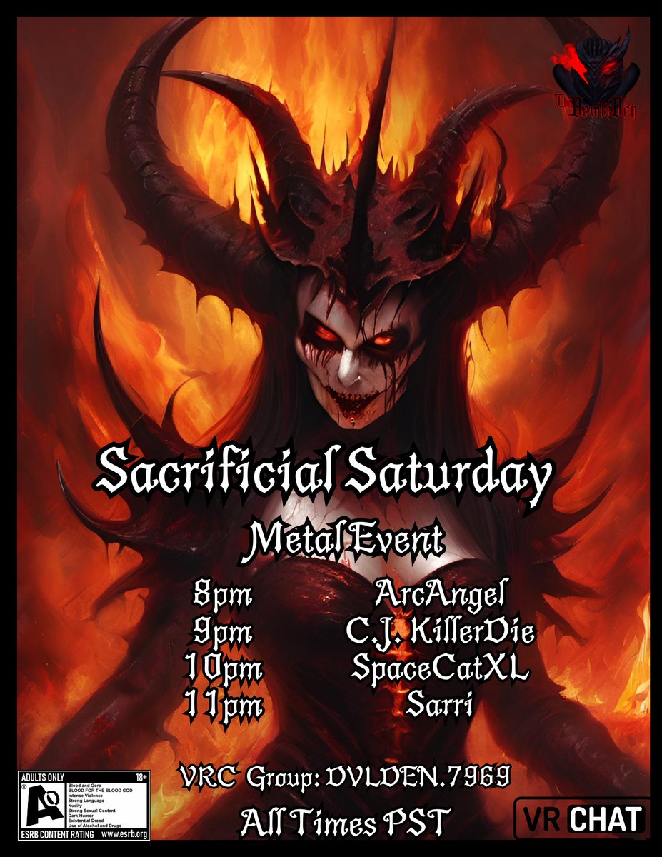 The Devil's Den (@thedevilsdenvr) on Twitter photo Get ready for some metal this Saturday devils!
See you 8pm pst/10pm cst/ 11pm est.
*+18 instancing starting march 1st* <a href="/VRChatPartyHub/">VRC Party Hub</a> #vrchat Get ready for some metal this Saturday devils!
See you 8pm pst/10pm cst/ 11pm est.
*+18 instancing starting march 1st* <a href="/VRChatPartyHub/">VRC Party Hub</a> #vrchat