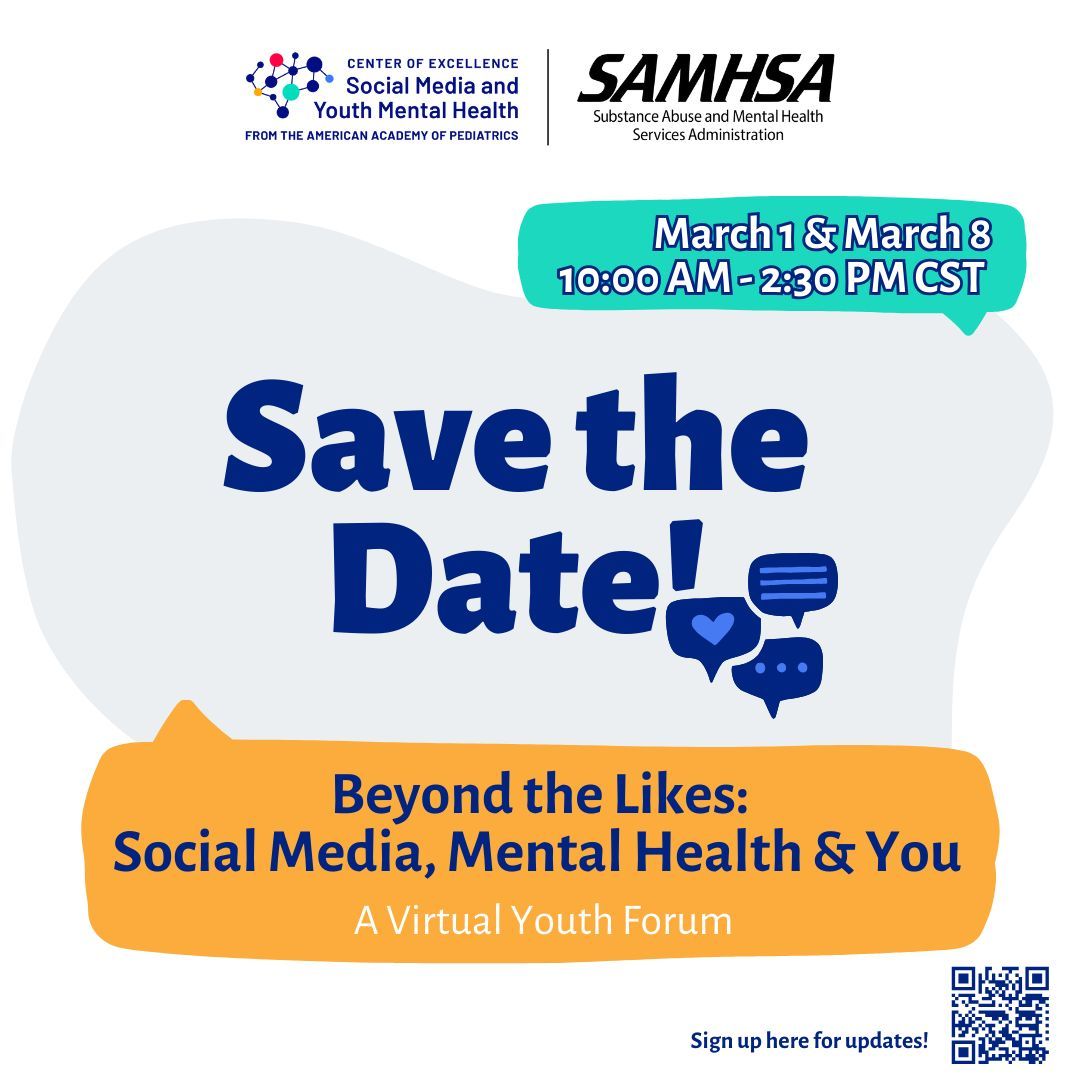 📢 Save the Date! Youth ages 14–24, let your voices be heard at the Virtual Youth Forum: Beyond the Likes - Social Media, Mental Health &amp; You on March 1 &amp; 8, 10:00 AM – 2:30 PM CST. 

Register Here >> buff.ly/40KSUDW