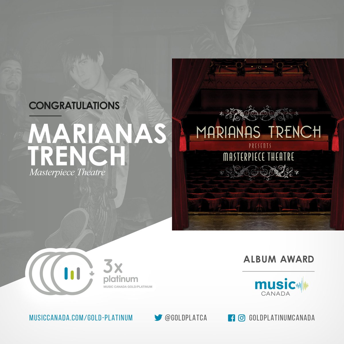 Congratulations to <a href="/mtrench/">Marianas Trench</a> on 2 new PLATINUM certifications with @music_canada's @goldplatca program! 🏆

Comment your fave song from 'Everafter' or 'Masterpiece Theatre' below 💬