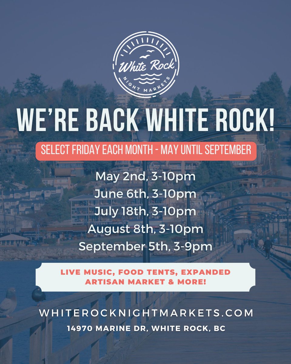 🌙 The White Rock Night Market returns!

Join us select Friday Nights where the White Rock Promenade will come alive with street food, local makers &amp; live music. First market features Korean corn dogs, fresh churros, BBQ &amp; more tasty surprises.

#WhiteRockBC