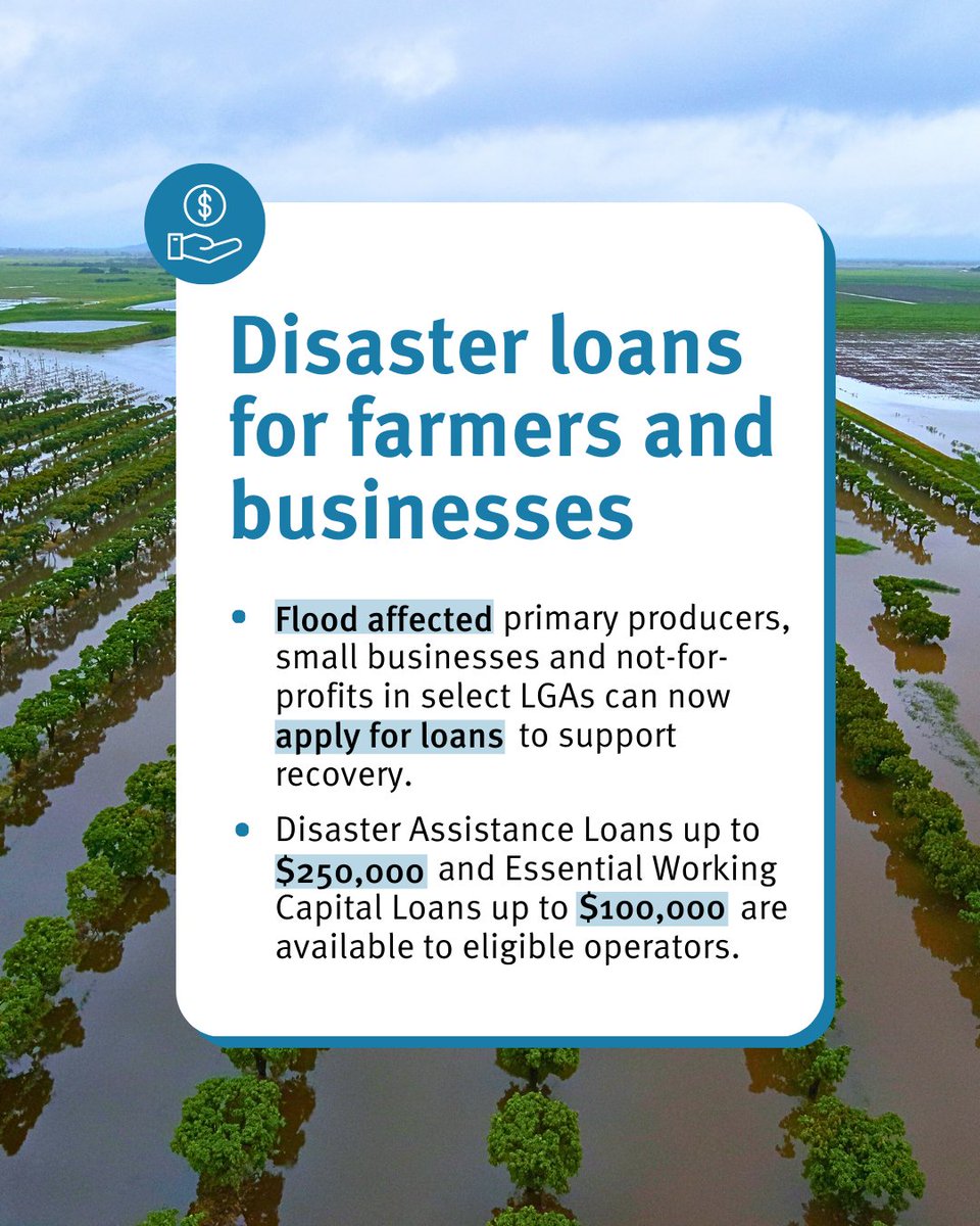 Disaster loans up to $250,000 now available for flood impacted small businesses, not-for-profits and primary producers in seven NQ LGAs💧
Loans can help with repairs, rebuilds, loss of income, and business continuity.
Check your eligibility and apply at qrida.qld.gov.au