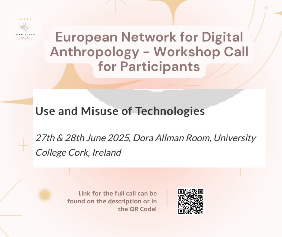 The  European Network for Digital Anthropology [ENDA] is pleased to announce an Early Career Workshop for scholars working in the realm of digital anthropology on the theme Mis/Use of Technologies.
Date: 27th &amp; 28th June 2025, Cork, Ireland

For more info: easaonline.org/networks/enda/…