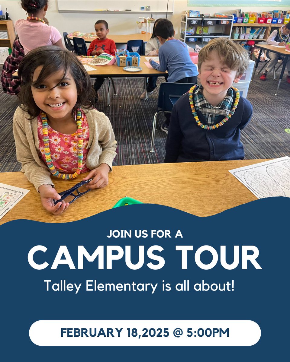 Join us for a Talley Tour in the cafeteria on Tuesday, February 18th, at 5:00 PM! This is a great opportunity to explore our campus, learn more about our amazing school community, and see what makes Talley a great place to learn and grow!

We can’t wait to welcome you! 💙