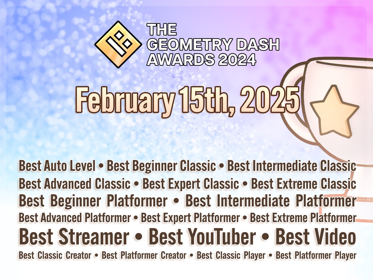 The nominees for The Geometry Dash Awards 2024 will be revealed in 10 days. Stay tuned for links to the YouTube Premiere and the voting form!  Who do you want to see for each category? 👀/RubRub