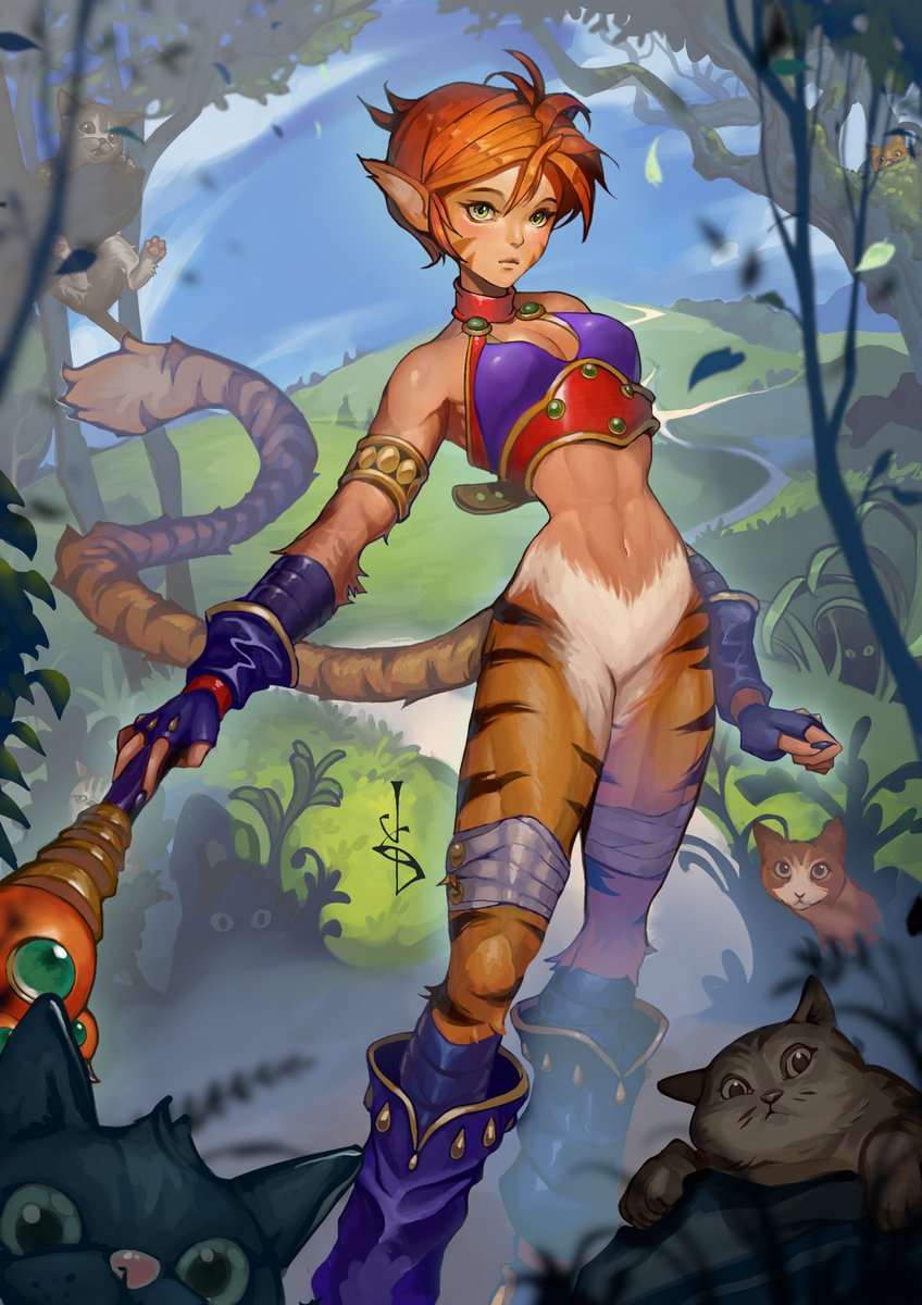 Fumezu1's tweet image. Katt with cats in the forest. #BreathOfFire