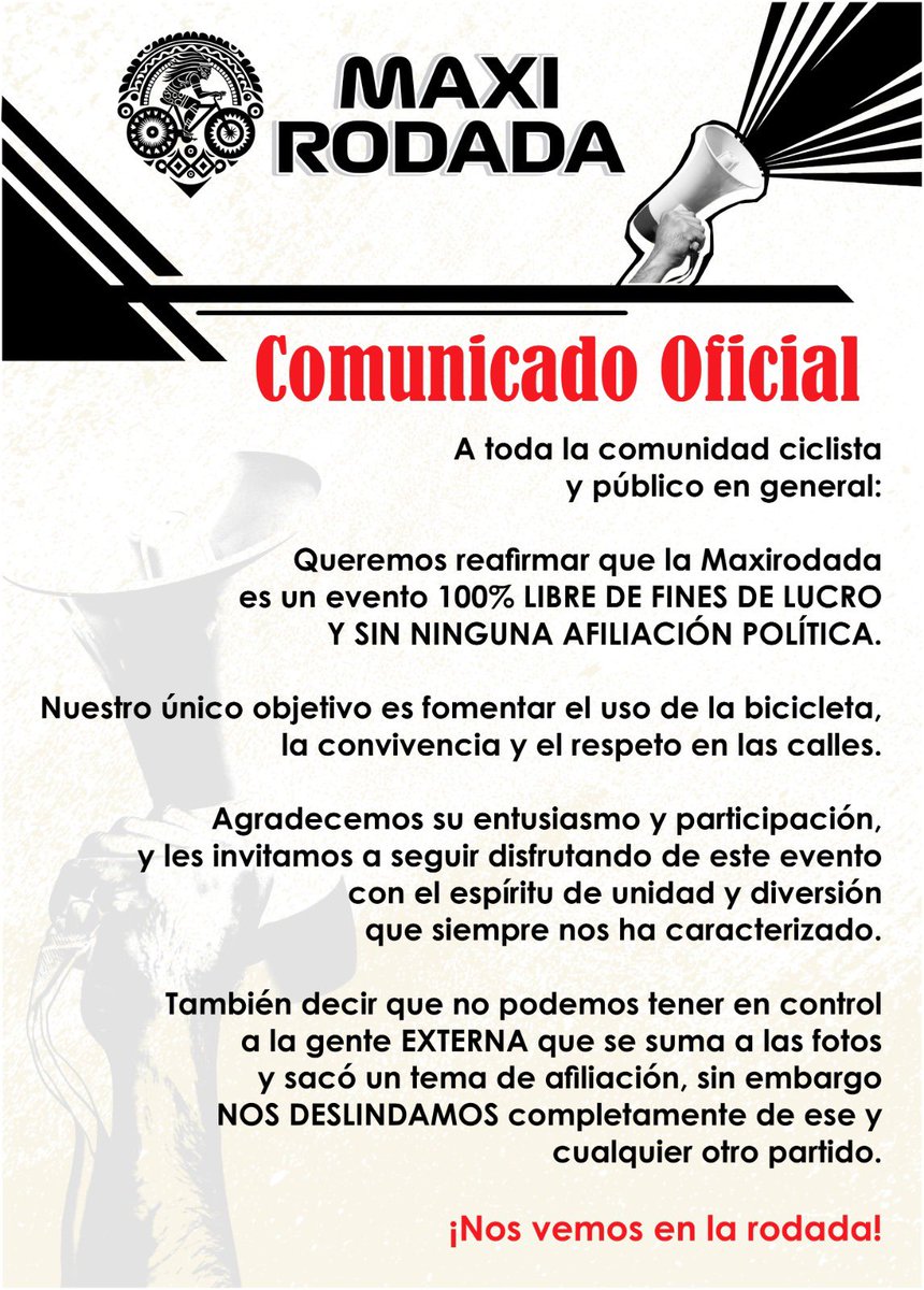 🚨🚨 Comunicado oficial 🚨🚨

La #Maxirodada no tiene afiliación política alguna, no se discrimina y respetamos cualquier ideología de género. 

La actividad es gratuita, sin fines de lucro y sin afiliación política o de religión alguna.