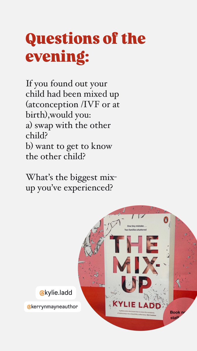 ByStephAshton's tweet photo. ‘The mix up (title) does sound like a rom- com but  there’s no rom or com in this novel. - Kylie Ladd

The Mix Up - Kylie Ladd
Book launch 
Beaumaris Library 
5 February 2025

#booklaunch  
#ivfmixup
#swappedatconception https://t.co/DE5Nmmg7Or