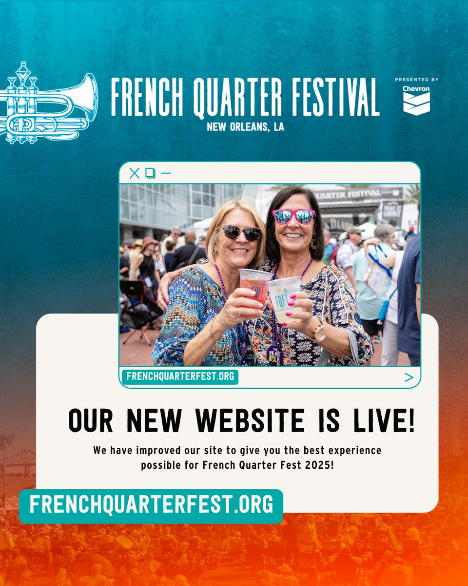 FQFestNOLA's tweet image. We've got a fresh new look! The new French Quarter Festival website is LIVE! 🎉
Head to frenchquarterfest.org to explore our new festival hub and see the magic for yourself.
#FQFest #FestivalReady #ExploreTheFest