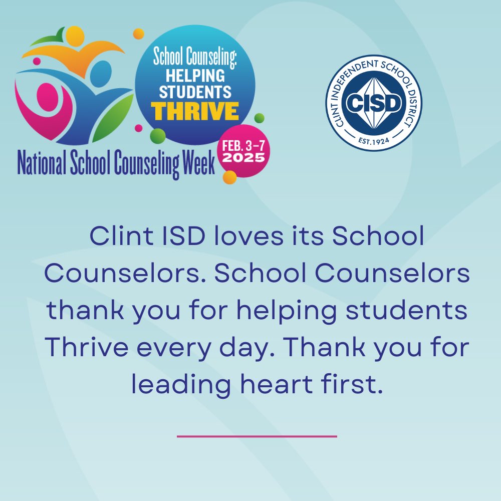 ClintISD's tweet photo. We love our counselors at Clint ISD.
Thank you for leading heart first. ❤️
#YouMakeUs https://t.co/6BEtbmdsWd