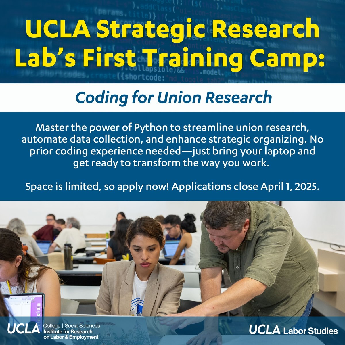Apply Now: Python Coding Camp for Union Research! 🚀

📅 July 7–11, 2025 | 📍 Los Angeles | 💻 No coding experience needed!

📩 More info &amp; apply: bit.ly/SRL-codecamp