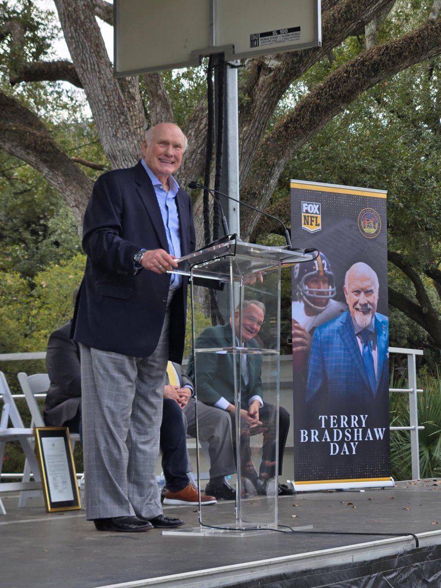 FOXSportsPR's tweet photo. Happy Terry Bradshaw Day! 🎉 

Louisiana’s very own &amp; @NFLonFOX legend Terry Bradshaw was honored by the @NOLACityCouncil this morning in a ceremony at @Tulane. Terry won the 1st of his 4 Super Bowl victories during Super Bowl IX, which was hosted at Tulane Stadium 50 years ago. https://t.co/p5xjhdsc8V