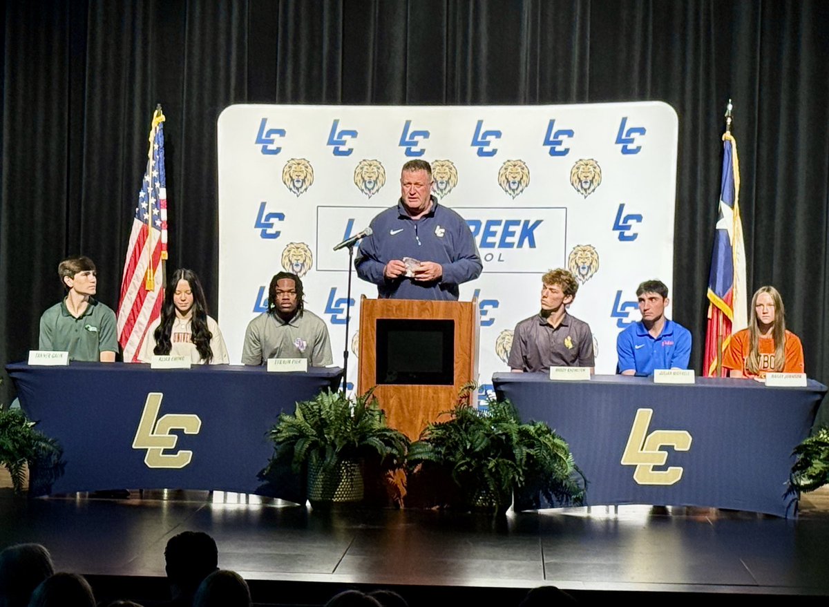 MontgomeryISD's tweet photo. Congratulations and happy #NationalSigningDay to our @LakeCreekHS Lions continuing their athletic careers in college. 
Julian Worrell-⛳️Houston Christian 
Brody Knowlton-⛳️Wyoming
Tyraun Pier-🏈SFA
Hailey Johnson-🏃‍♀️OSU
Tanner Galik-⚾️Brookhaven
Keira Ewing-📣Iona
@coachlaplante https://t.co/VdQpVrHfsl