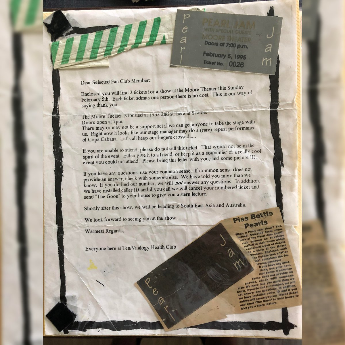 PearlJam's tweet photo. 30 years ago, Pearl Jam played two secret shows at Seattle's Moore Theatre billed as the "Piss Bottle Men." Members of the Ten Club received tickets in the mail along with the following letter.

📸: Reddit user UpHereInMy-r-Trees https://t.co/mXpyZzLobL